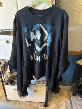 Upcycled Wednesday Adams Family Movie Top Fringe ONE OF A KIND Oversized